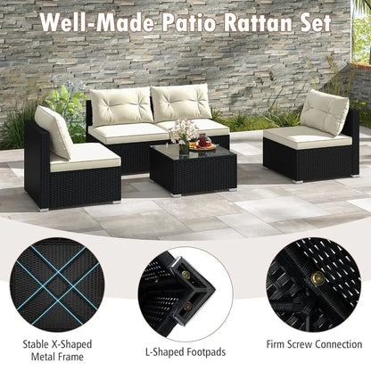 5 Piece Rattan Sofa Set, Patiojoy Outdoor Wicker Furniture Set with Seat & Back Cushions, Square Coffee Table,, Customized