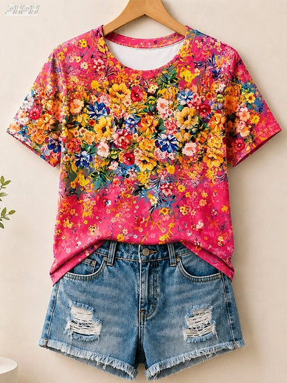 New Year Women's Summer Tops Floral Graphic Plants Elegant Vintage Stylish Short Sleeve Crew Neck Round Neck Long Tops Casual