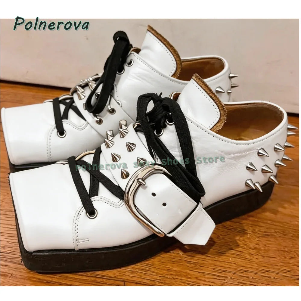 Black Rivet Belt Buckle Pumps 2026 Spring Summer New Arrivals Square Toe Thick Sole Lace Up Couple Pu Leather Shoes Casual Trend