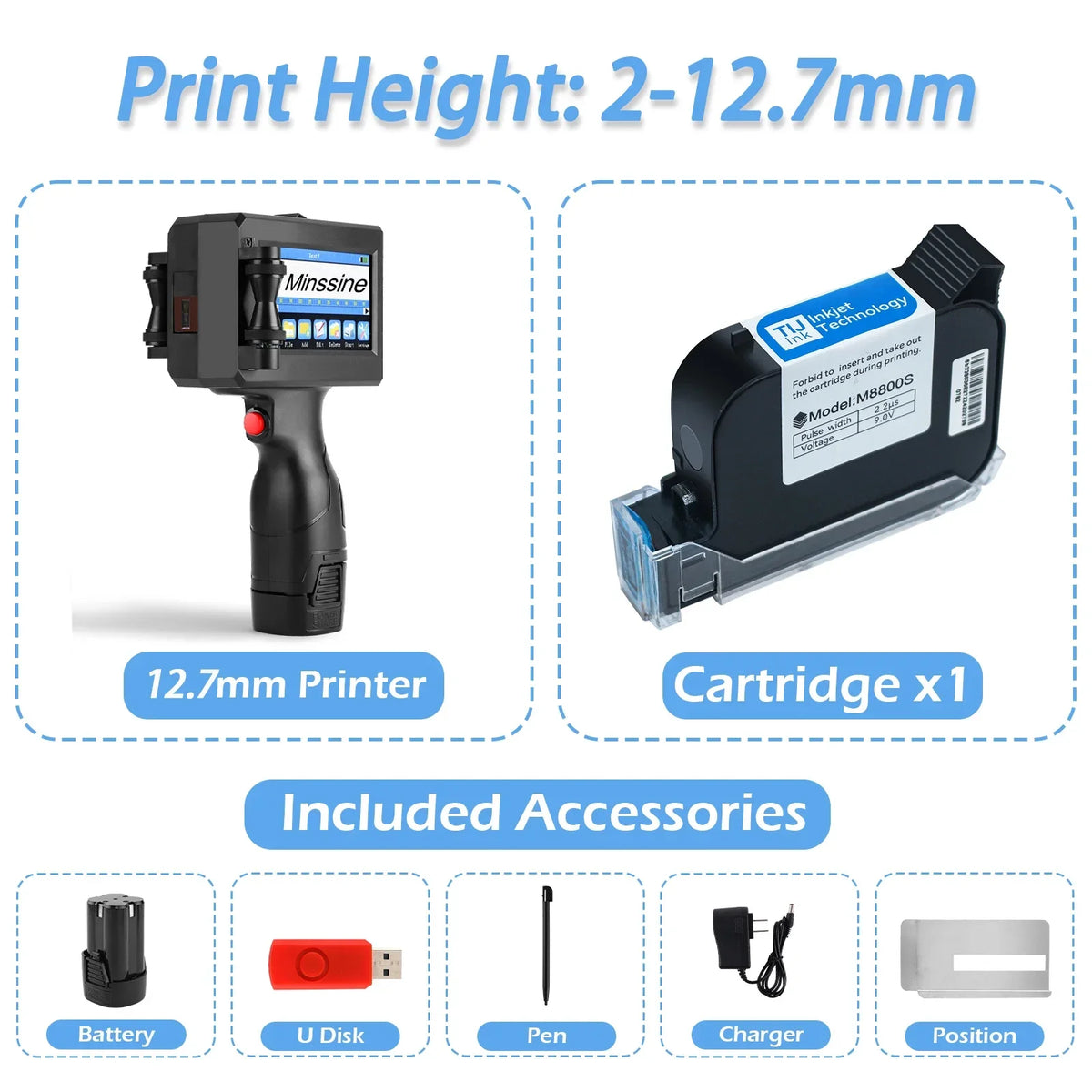 12.7/25.4mm Handheld Inkjet Printer for QR Barcode Batch Date Number Logo Expiry Date Coding Machine Non-encrypted 25 Languages