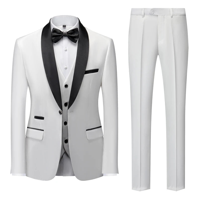 US Size Men Lapel Black Collar 3 Pcs Suit Set Coat Vest Trousers / Business Groom Wedding Dress Fprmal Blazer Pants Waistcoat