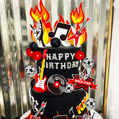 LaVenty Rock Music Cake Topper Black Red Balls Guitar Cake Toppers Music Notes Balls Cake Decoration for Musician Birthday Party