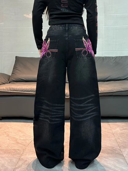 American Vintage Butterfly Embroidery Design Black Women's Loose Wide-Leg Jeans Y2K Street Fashion Versatile Straight-Leg Pants