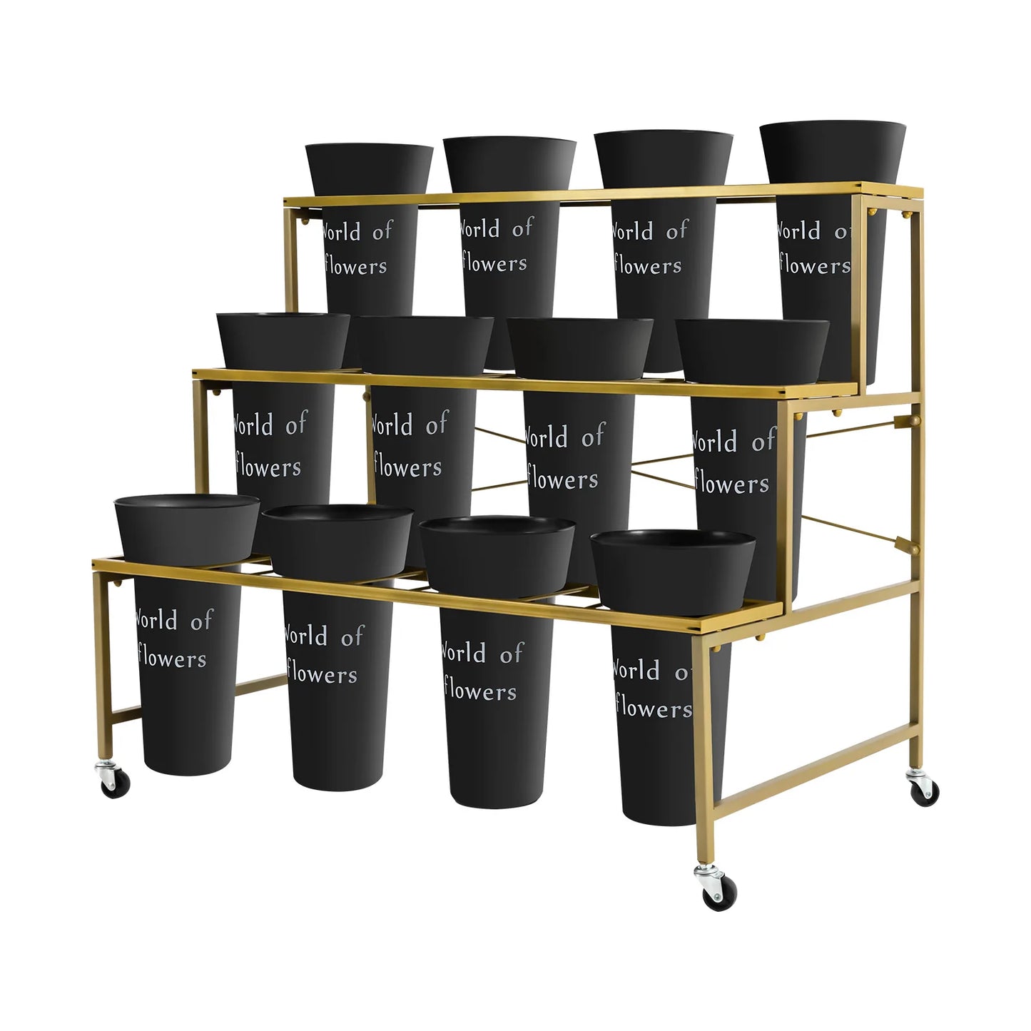 3-Layer Metal Flower Display Stand with 12 Round Buckets, Heavy Duty Rolling Plant Cart with Lockable Wheels, 110lbs Load Bearing Movable Plant Shelf for Indoor Living Room Balcony Florist