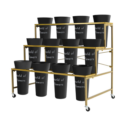 3-Layer Metal Flower Display Stand with 12 Round Buckets, Heavy Duty Rolling Plant Cart with Lockable Wheels, 110lbs Load Bearing Movable Plant Shelf for Indoor Living Room Balcony Florist