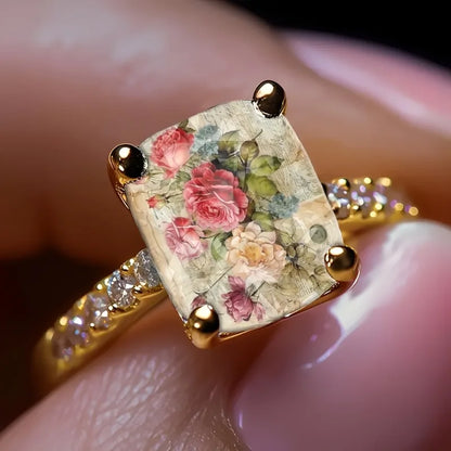 Ladies Rose Bundle Retro Illustration Square Ring Design Light Luxury Fashion Jewelry Daily Wear Special Occasions Suitable Gift