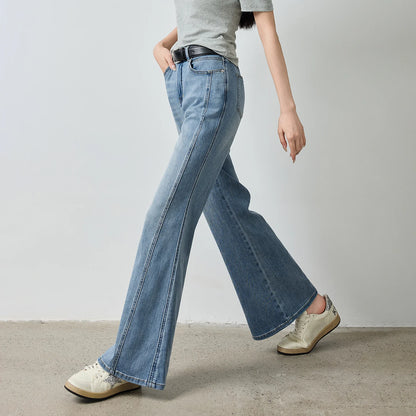 TOYOUTH Women's Glazed Blue Deconstructed Splicing Stretch Cotton Jeans 2026 Autumn New Slim Fit Flared Chic Denim Trousers