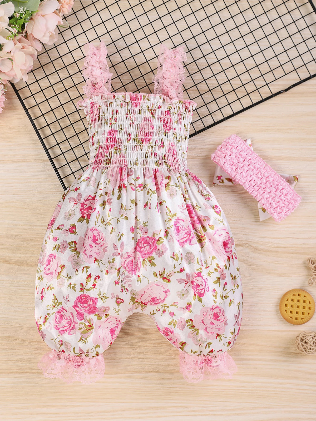 Baby Girls Floral Romper Set, Sleeveless Lace Trim Jumpsuit + Matching Bow Headband, 2pcs Outfit