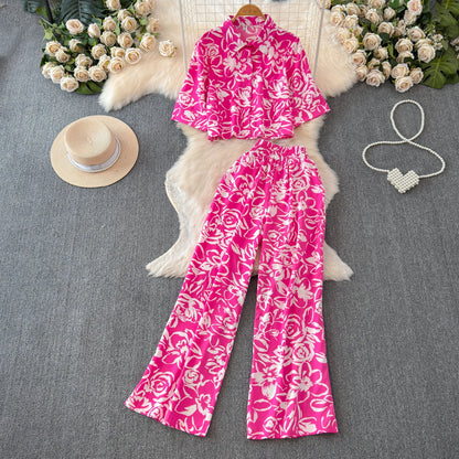 Beach Style Fashion Printed Women Pant Sets 2pcs Short Chiffon Shirts+Wide Leg Pants 2025 New Summer Casual Loose Female Suits