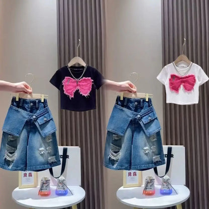 Girls' Set 2026New Mid sized Children's Short sleeved T-shirt Children's Fashionable Girls' Cowboy Five point Shorts 2 piece Set