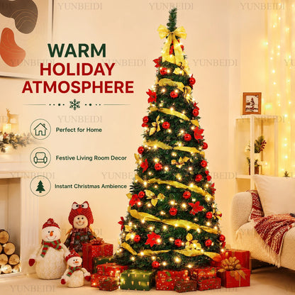 Folding Christmas Tree with LED Lights and Christmas Flowers Telescopic Artificial Christmas Tree 150CM/180CM Home Decoration
