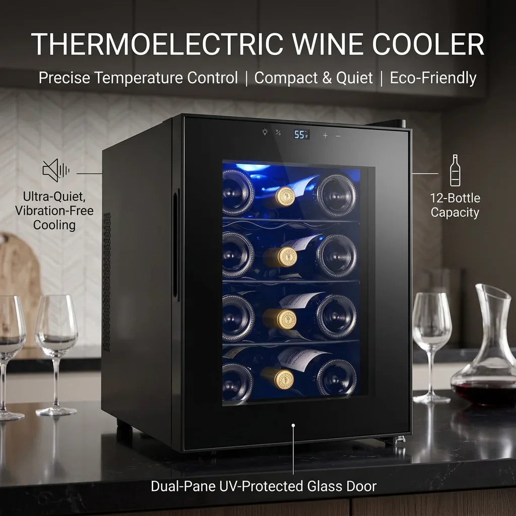 12 Bottle Thermoelectric Wine Cooler, 1.17Cu.ft Single Zone Wine Refrigerator, Digital Touch Control Wine Fridge for Home Bar