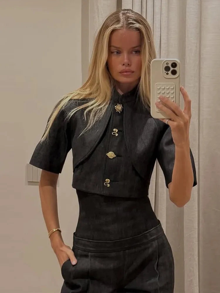 Fashion Women Pant Set Fashion Stand Collar Single Breasted Short Sleeve Cropped Coat And Lace Up Wide Leg Pant Casual Outwear