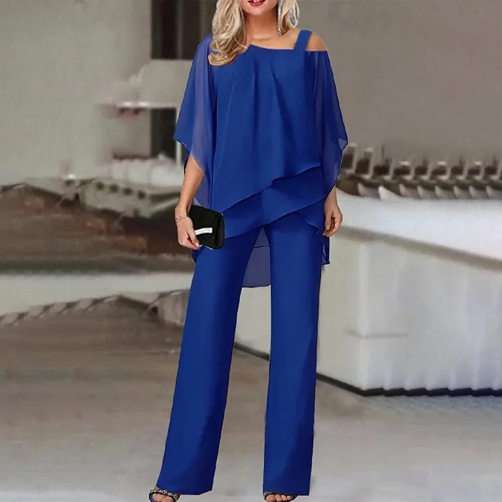 New Matching Collection Fashion Women's Bat Sleeve Top Casual Off Shoulder Party Elegant Wide Leg Pants Women's Two Piece Set