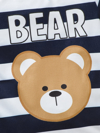 Baby Boy Spring Summer Outfit Set Cute Cartoon Letter Bear Print Striped Short Sleeve Onesie with Bear Decorated Overalls Shorts