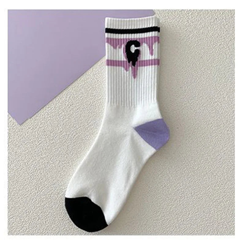 Kawaii Love Print Socks Purple Women Socks Female High Beauty In Spring Summer Fried Street Middle Tube Socks Harajuku Medias
