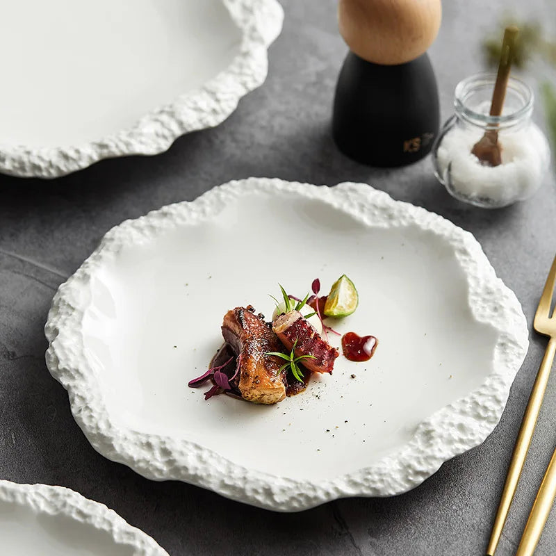 Rock Pattern Skirt Plate Dish Dish Household Ceramic Flat Shallow Plate Hotel Display Plate