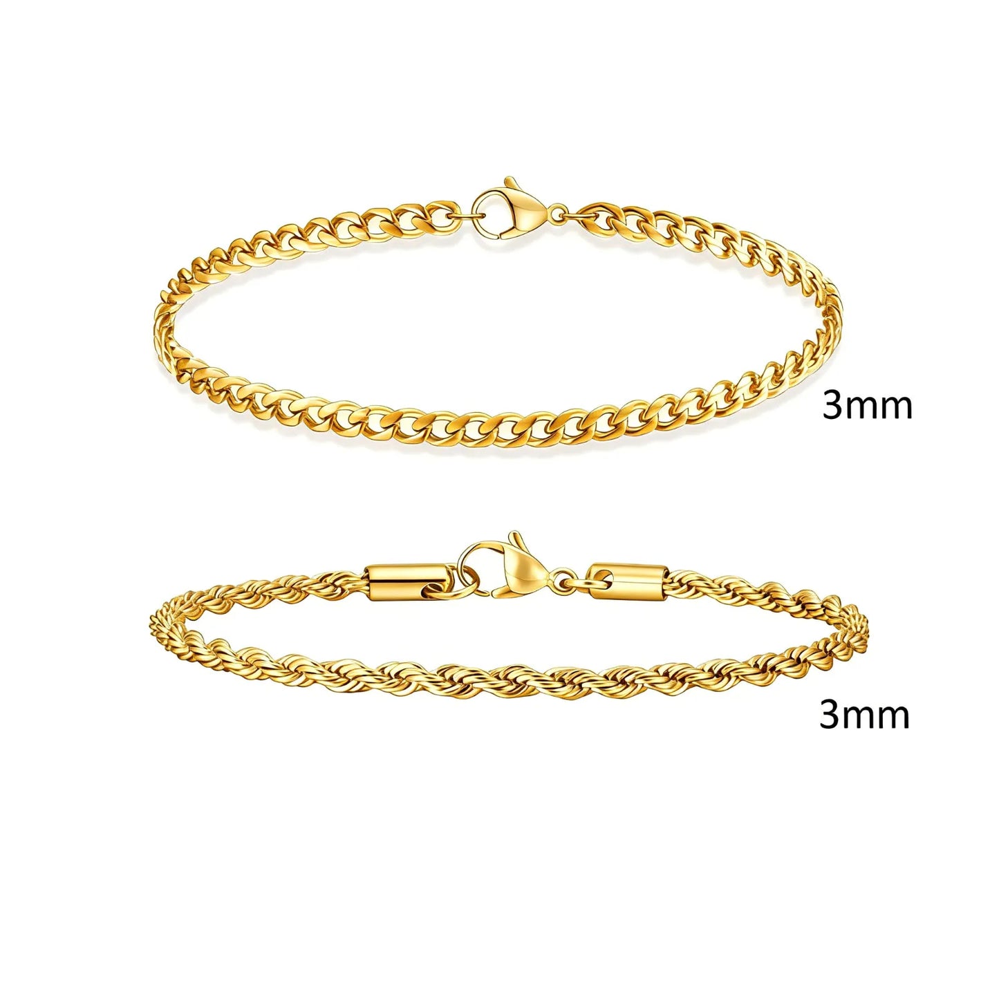 2pcs Men's Chain Bracelets, Stainless Steel Silver Gold Black Color