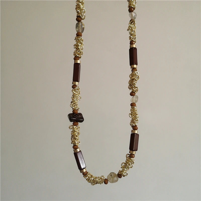 Vintage Leather Brown Stone Sun Pendant Beaded Choker Clavicle Chain Necklace For Women Unique Y2K Personalized Grunge Jewelry