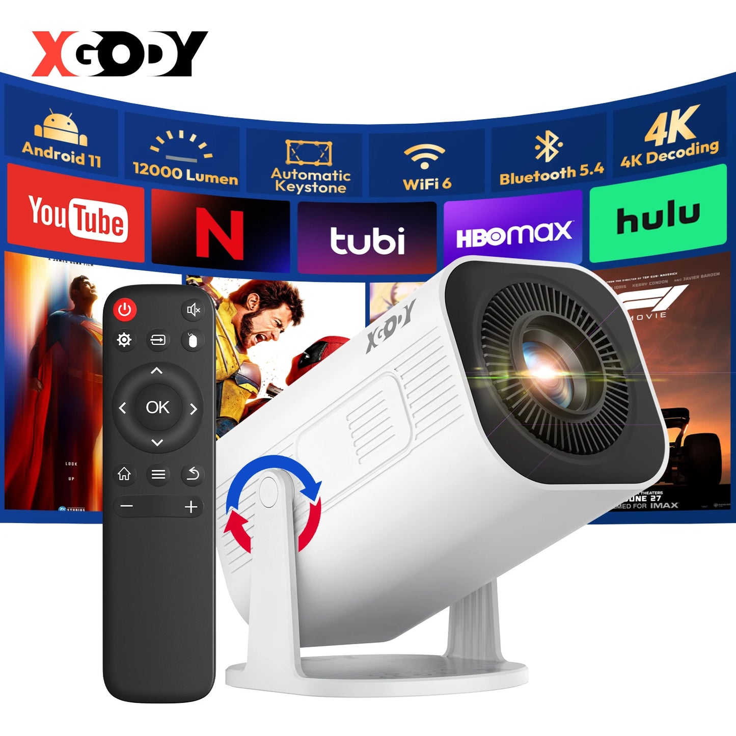 XGODY Mini 4K Projector, 720P Native 300 ANSI, Android 11 Short Throw Smart Projector  WiFi 6 BT5.4, 180° Stand, Auto Keystone for Home Theater Bedroom Gift