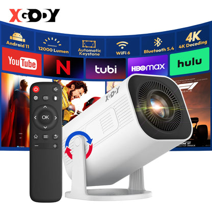XGODY Mini 4K Projector, 720P Native 300 ANSI, Android 11 Short Throw Smart Projector  WiFi 6 BT5.4, 180° Stand, Auto Keystone for Home Theater Bedroom Gift