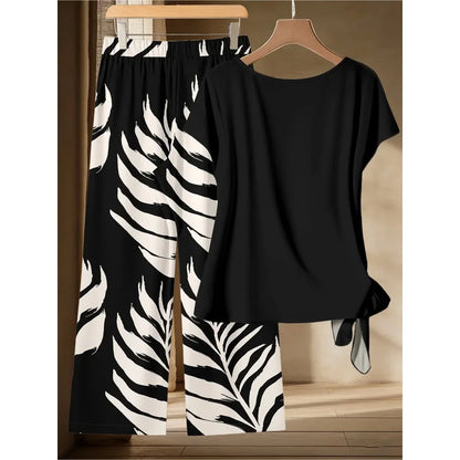Women's Black Side-Twist T-Shirt And Black White Leaf Print Wide-Leg Pants Two-Piece Set Casual Lazy Style Outfit