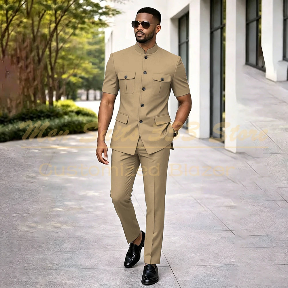 Summer Safari Men's Suits Fashion Regular Fit Short Sleeve Blazer Elegant Luxury Single Breasted 2 Piece Jacket Pants Outfits