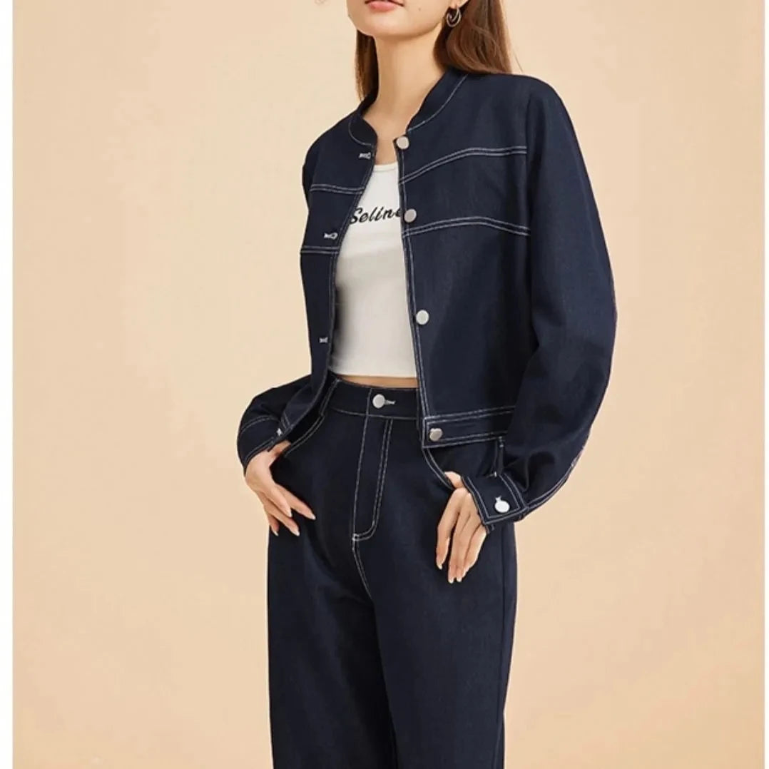 Fashion Casual Suit for Women Spring 2025 New Stylish And Slimming Denim Jacket Wide Leg Pants Two-Piece Set Female Denim Jacket