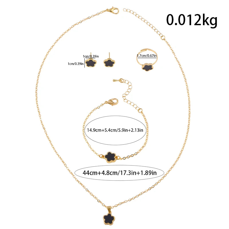 Four-Leaf Clover Five-Piece Jewelry Set, Black Gold Light Luxury Necklace, Earrings, Bracelet, Ring Set, Fashionable and Elegant Women's Jewelry, Popular Accessories