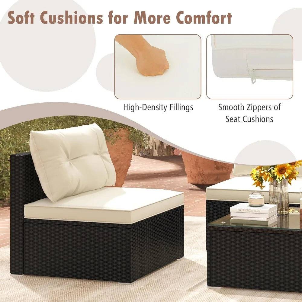 5 Piece Rattan Sofa Set, Patiojoy Outdoor Wicker Furniture Set with Seat & Back Cushions, Square Coffee Table,, Customized