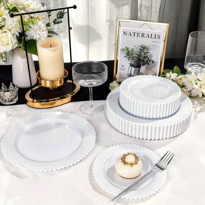 Plastic Plates Elegant Fancy Plastic Dinnerware Set White Pearl Beaded Rim Rigid Plastic 60 Pcs 7 Inch And 10 Inch Heavy Duty Disposable Dishes For Wedding Reception Birthday Party Catering Events