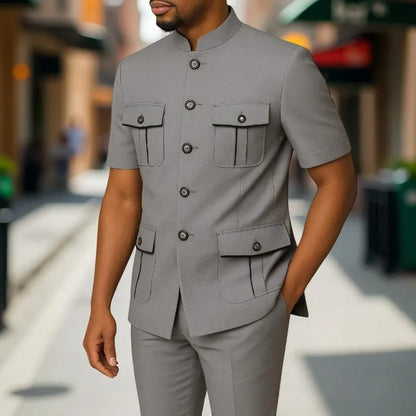 Safari Men Suits with Short Sleeves for Prom Party 2 Pieces Chinese Fashion Style Outdoors Costumes Suit Set Custom Made