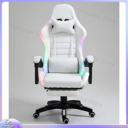 White PU Leather Gaming Chair with RGB LED Lights Massage Function Built-in Speakers Racing Style Ergonomic Design for PC