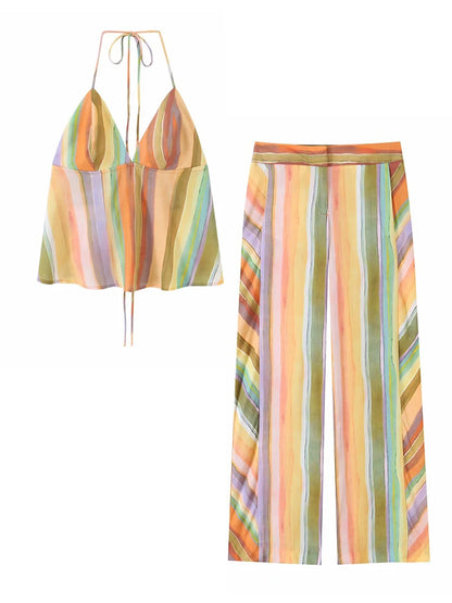HH Fashion 2026 Women's Colorful Striped Two-Piece Set Summer Halter Neck Crop Top+Wide Leg Pants Resort Beach Outfit