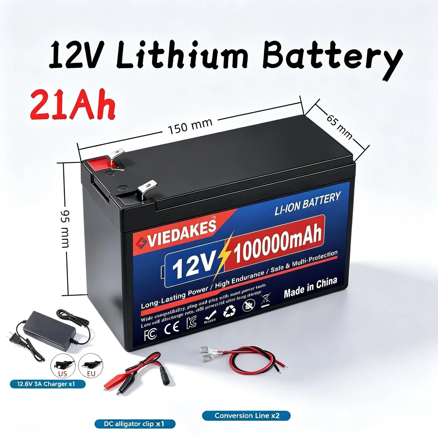 VIEDAKES Brand New 3S7P 12V 100Ah LiFePO4 18650 Battery Pack Power Bank Lightweight Design for Hiking Backpacking Trips