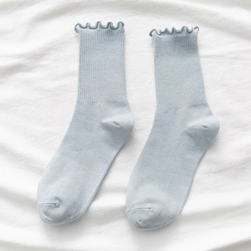 Ruffle Socks Women White Black Frilly Lolita Style Japanese Maiden Cute Kawaii Cotton Harajuku Princess Crew Socks Calcetines