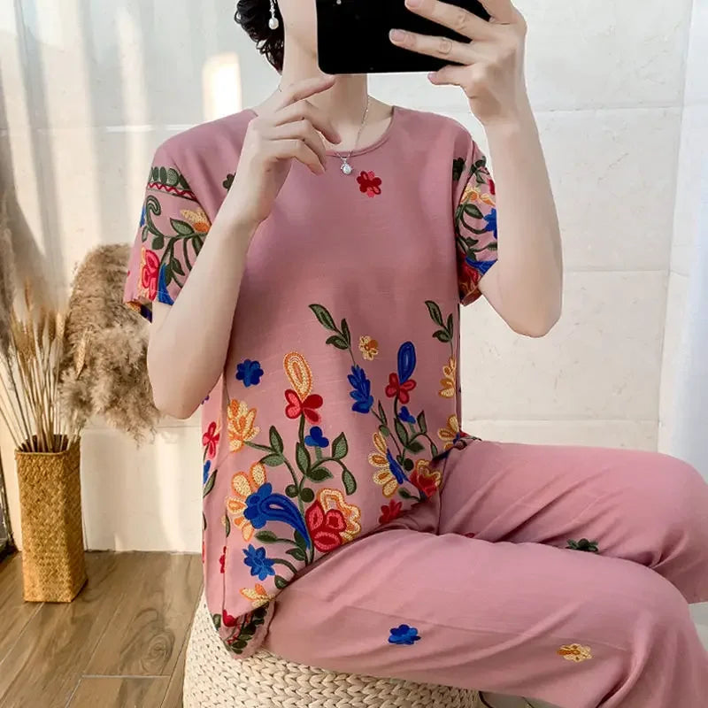 2024 Summer Women Cotton Linen Short Sleeve Set Large Size Middle-aged Mother Floral Print Clothes New Two-piece Suit 5XL G45