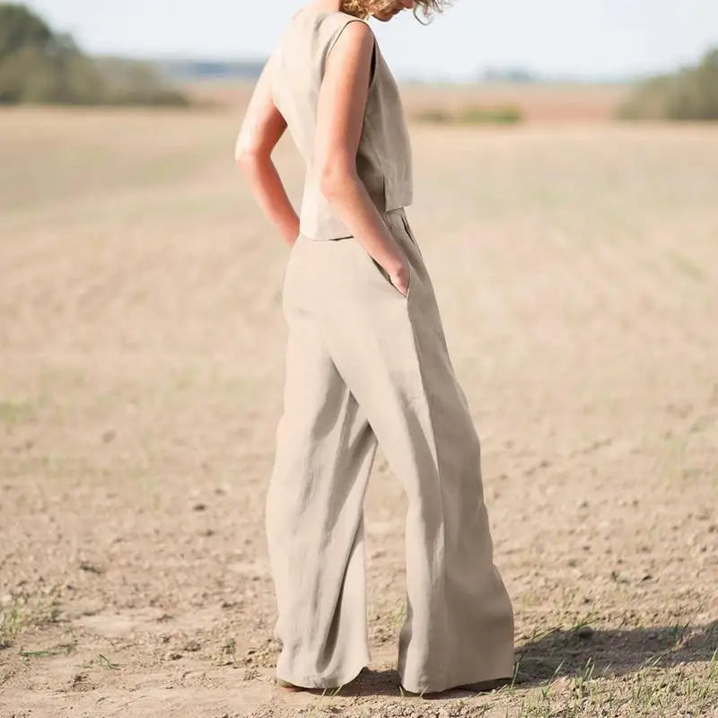 Summer Cotton And Linen Casual Outfits Female Fashion Solid Color Two-piece Set For Women Sleeveless Top Trousers Women's Suit