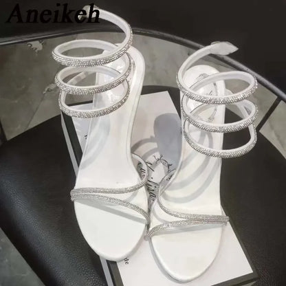 Aneikeh Star Style Luxury Crystal Snake Coiled Ankle Strap Lady Gladiator Sandals Sexy Stiletto High Heel Summer Party Prom Shoe