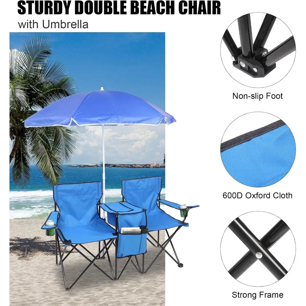 Folding Double Camping Chair with Umbrella and Cooler for Outdoor Use - Portable, Large Capacity, Ideal for Beach, Park, Pool