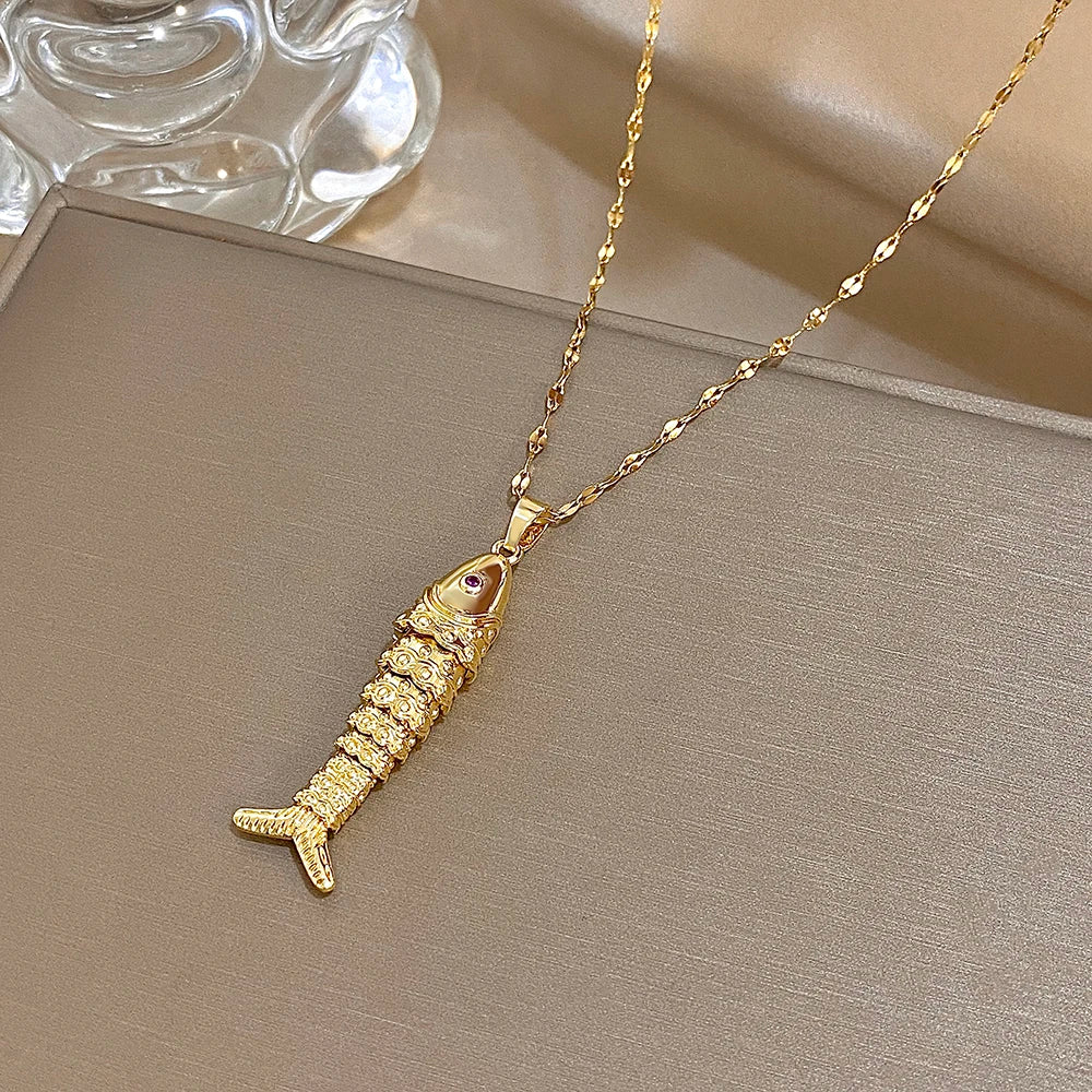 18K Gold Plated Stainless Steel Fish Pendant Necklace for Women