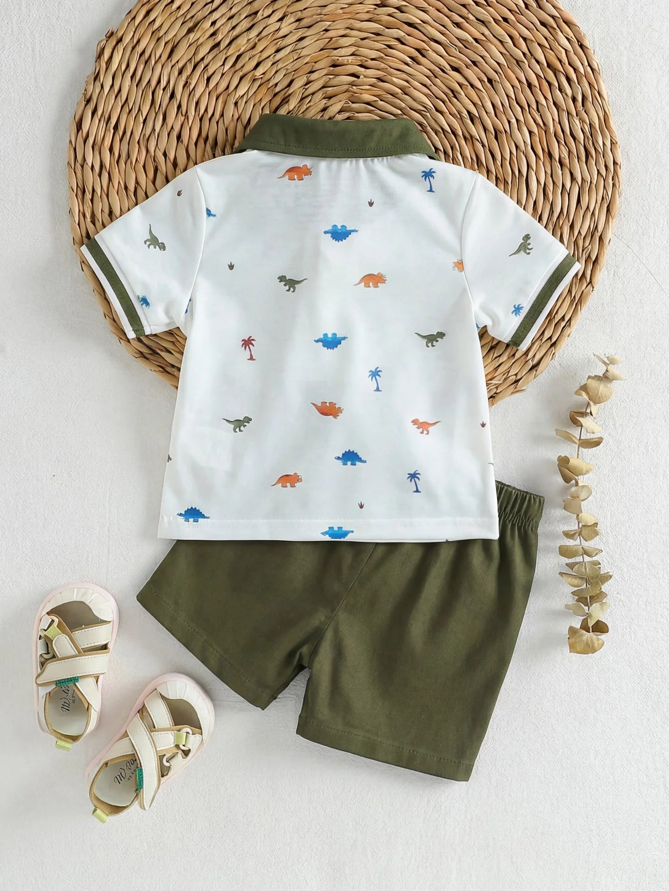 Baby Boy Polo 2‑Piece Set, Printed Lapel Short‑Sleeve Top With Solid Color Shorts, Casual Outfit For Summer Trip