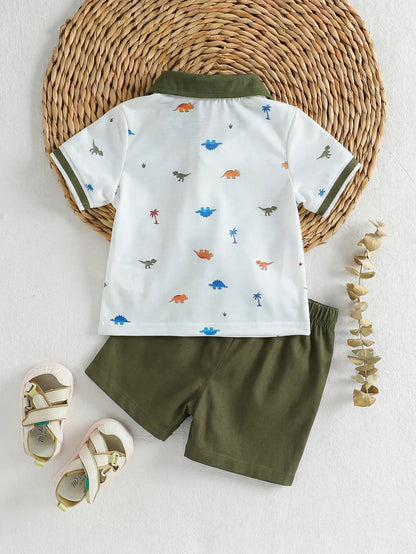 Baby Boy Polo 2‑Piece Set, Printed Lapel Short‑Sleeve Top With Solid Color Shorts, Casual Outfit For Summer Trip