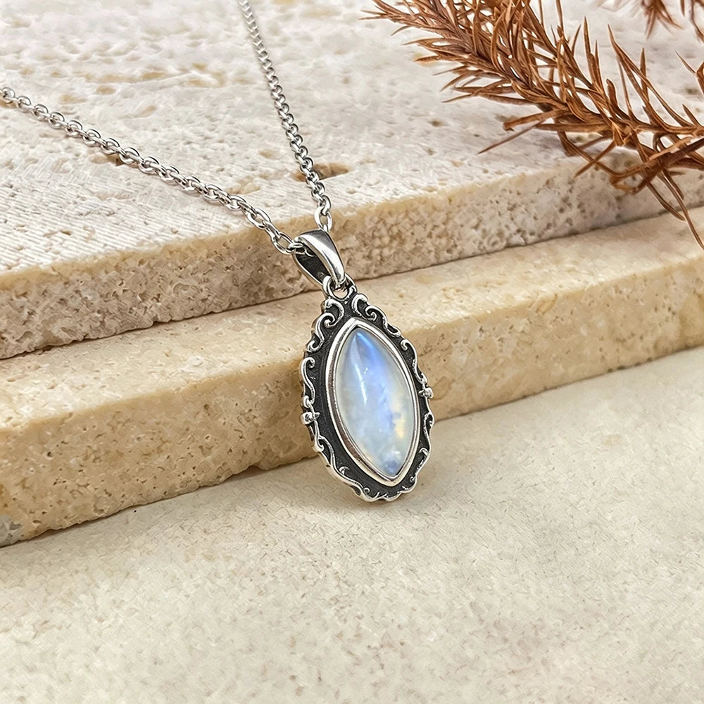 Vintage 925 Sterling Silver Necklaces with Natural Moonstone 12*6MM Simple Pendant Necklaces Party Fine Jewelry For Women Men