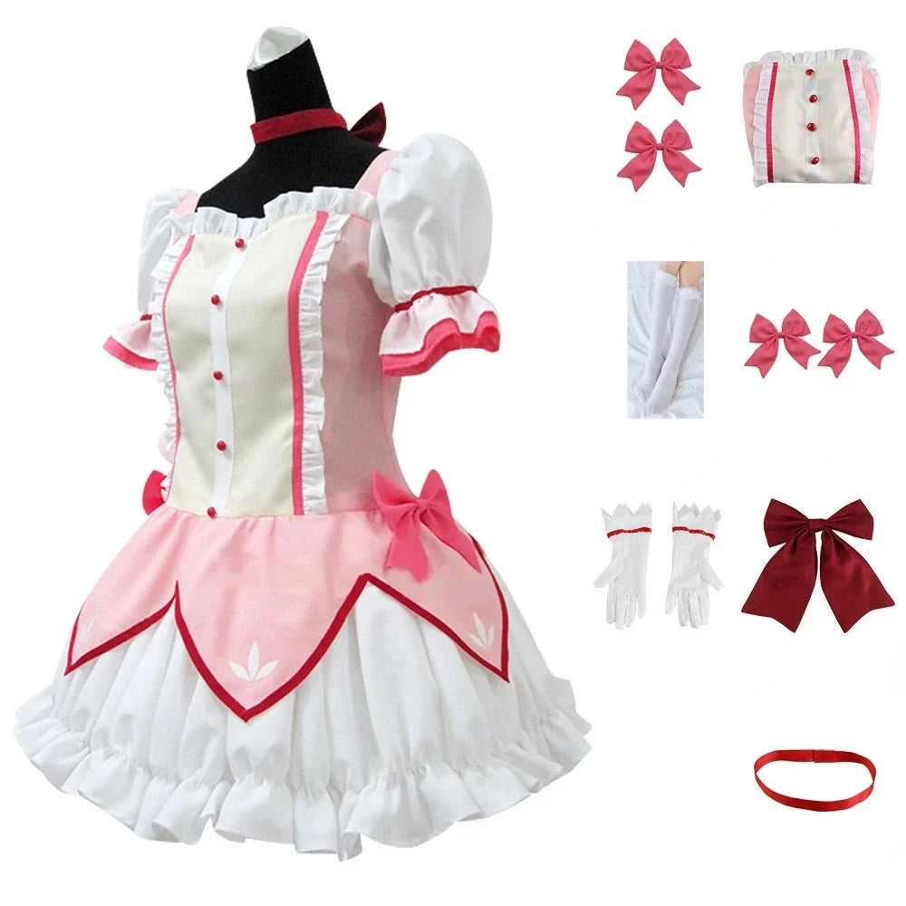 Kaname Madoka Cosplay Costume Wig Anime Puella Magi Madoka Magica Pink Ball Dress Halloween Party Uniform Outfit for Women Girl
