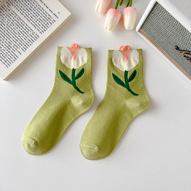 New Style Crew Socks for Women Spring Fashion Cute Flower Long Cotton Socks Japanese Style Breathable Casual Trendy Absorb Sweat