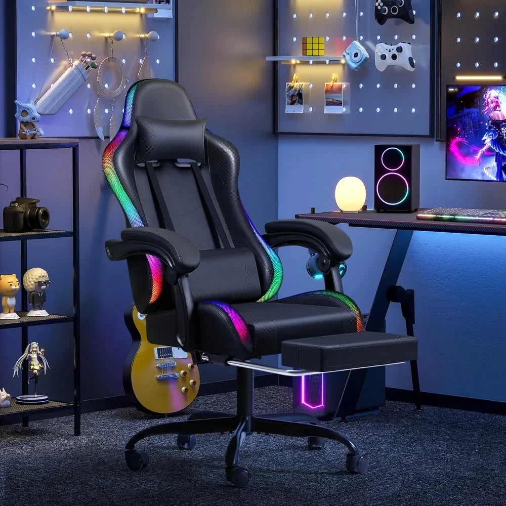 Chair with RGB LED Lights, Video Game Chair with Footrest and Massage Lumbar Support, High Back Reclining