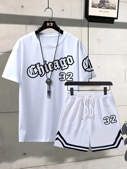 Summer Men's Chicago-Themed Relaxed Set Size 32 Printed T-Shirt and Shorts Set Adult Sports Casual Plus Size Two-Piece Set