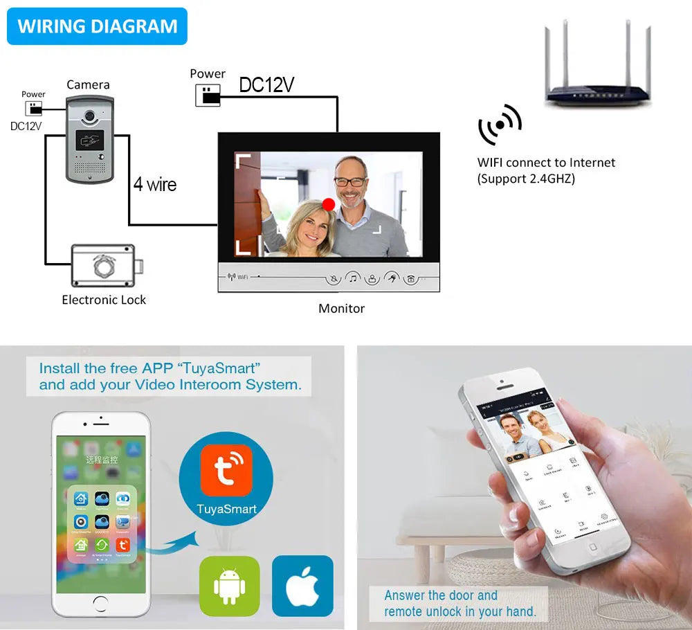  WiFi Video Doorphone Intercom 4 Wire 1V1/1V2 9 inch LCD RFID Camera Doorbell Access Control System APP Unlock W/ Electric Lock