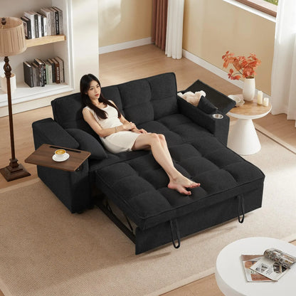 hansones 65'' 3-in-1 Folding Convertible Sofa Bed, Pullout Sofa, Modern Chenille Fabric, 360° Swivel Side Table, Easy Assembly,